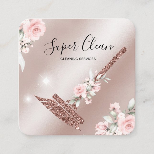 Carte De Visite Carré Maison de ménage rose étincelant or fleuri (Devant)