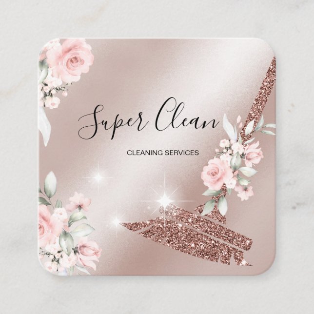 Carte De Visite Carré Maison de ménage rose étincelant or fleuri (Devant)