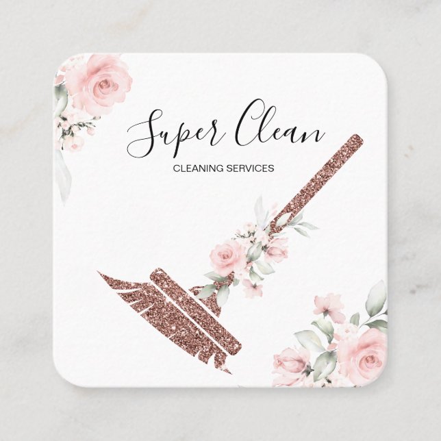 Carte De Visite Carré Maison de ménage rose étincelant or fleuri (Devant)