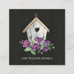 CARTE DE VISITE CARRÉ MAISON D'OISEAU FLORALE EN BOIS NOIR RÉALISANT L'I