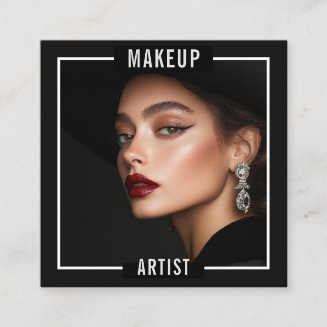 Carte De Visite Carré Makeup Artist Salon Elegant Black Luxury Photo  (Devant)