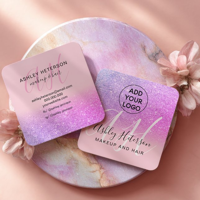 Carte De Visite Carré Makeup Pink purple glitter logo monogram (Makeup Pink purple glitter logo monogram Square Business Card)