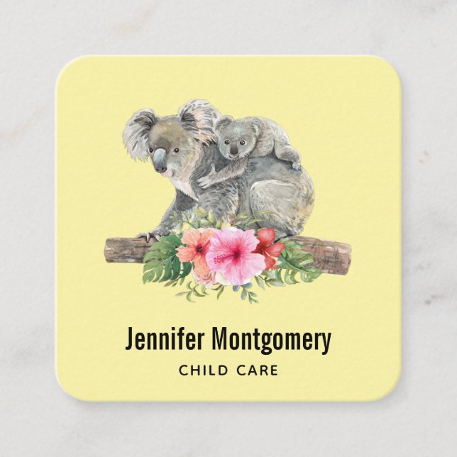 Carte De Visite Carré Maman & Bébé Koala Ours Aquarelle mignonne (Devant)