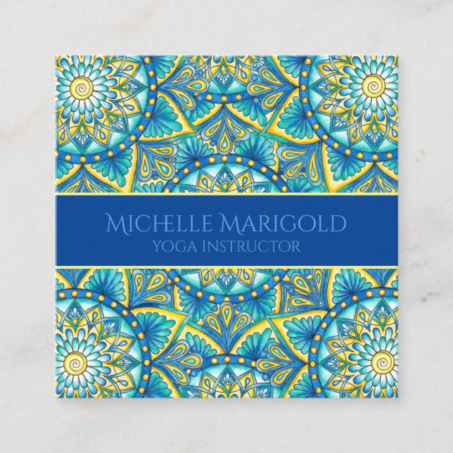 Carte De Visite Carré Mandala Floral Elegant Blue Yellow Yoga Instructeu (Devant)