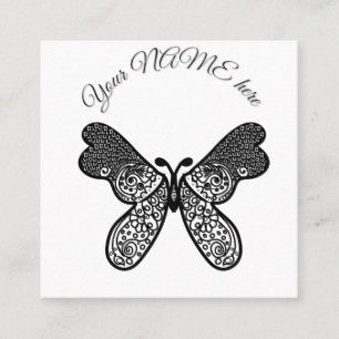Carte De Visite Carré Mandala papillon boho complexe noir et blanc A