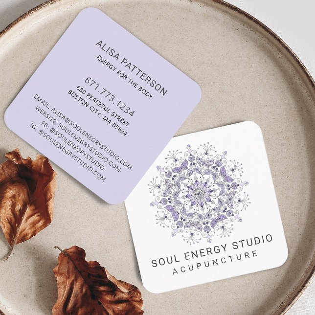 Carte De Visite Carré Mandala Violet Élégant Moderne (Modern Elegant Purple Mandala Square Business Card)