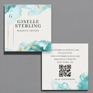 Carte De Visite Carré Maquillage Artiste Aquarelle bleu Turquoise Code Q