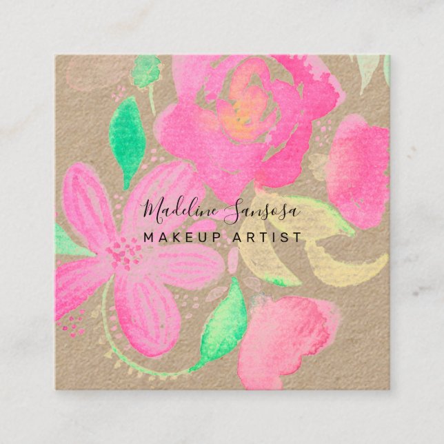 Carte De Visite Carré Maquillage Artiste Aquarelle Botanique Rose Floral (Devant)