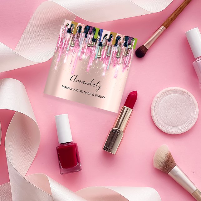 Carte De Visite Carré Maquillage Artiste Nails Logo Rose Parties scintil (Makeup Artist Nails Logo Rose Glitter Gold Drips Square Business Card)