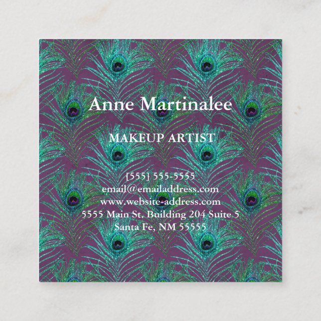 Carte De Visite Carré Maquillage Artiste Parties scintillant Peacock Fea (Dos)