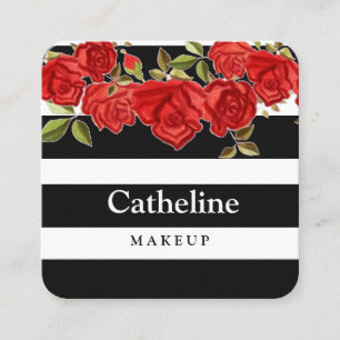 Carte De Visite Carré Maquillage élégant rouge floral noir rayures bla