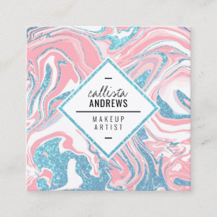 Carte De Visite Carré Maquillage moderne en marbre blanc rose ciel bleu