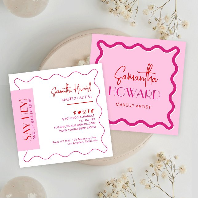Carte De Visite Carré Maquillage moderne rose et rouge style rétro Beaut (Créateur téléchargé)