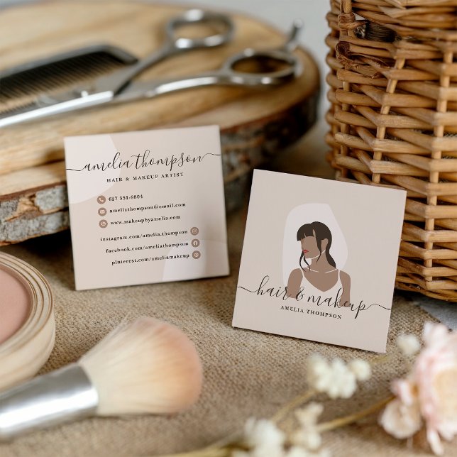 Carte De Visite Carré Maquillage pastel minimal moderne et illustration  (Modern minimal pastel makeup and hair illustration)