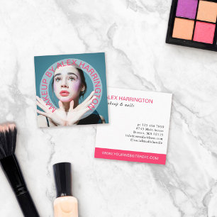 Carte De Visite Carré Maquillage photo en texte rose chaud incurvé par