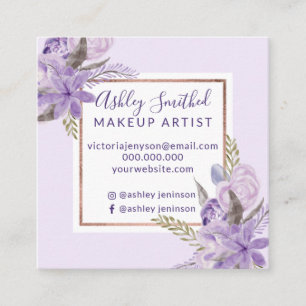 Carte De Visite Carré Maquillage rose d'or d'aquarelle florale pourpre