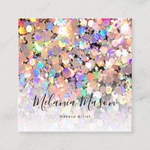 Carte De Visite Carré Maquilleuse Pailleté Holographique Élégant Noir