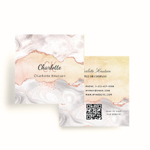 Carte De Visite Carré Marbre agate rose or monogramme QR code