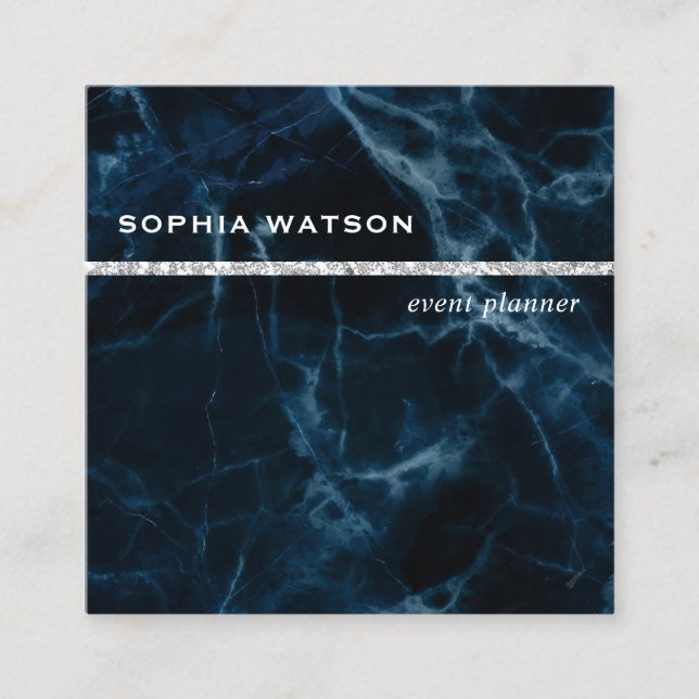 Carte De Visite Carré Marbre blanc bleu marine (Devant)