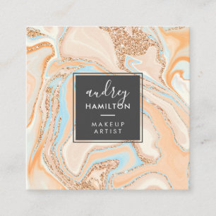 Carte De Visite Carré Marbre bleu pêche moderne rose or parties scintill