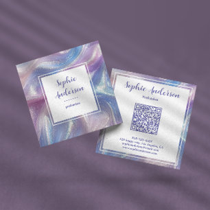 Carte De Visite Carré Marbre Iridescent Pastel avec Code Qr