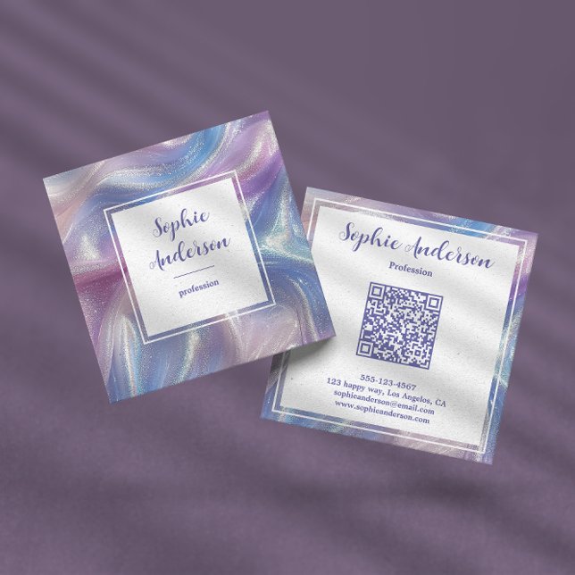 Carte De Visite Carré Marbre Iridescent Pastel avec Code Qr (Créateur téléchargé)