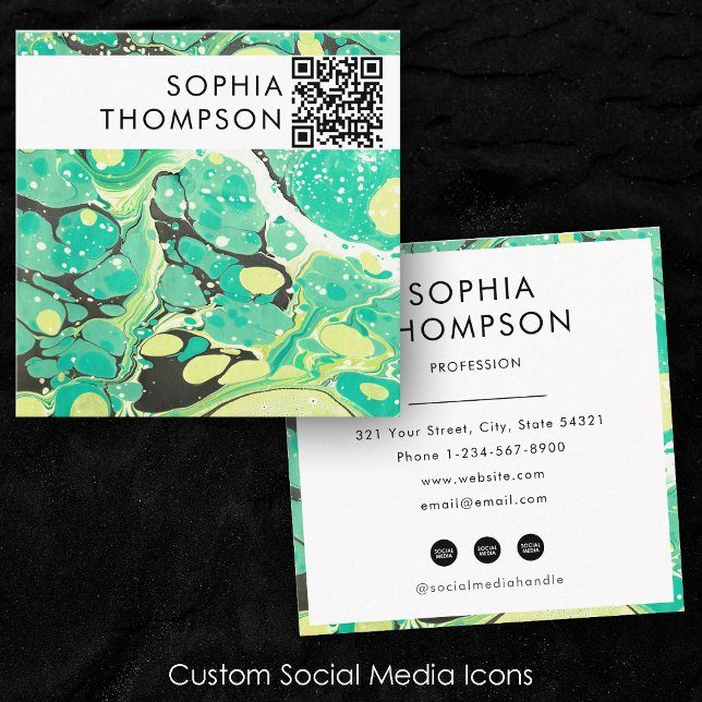 Carte De Visite Carré Marbre jaune vert Code QR Abstrait Médias sociaux (Green Yellow Marble Abstract QR Code Social Media Square Business Card)