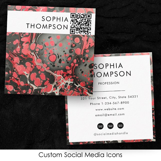 Carte De Visite Carré Marbre noir et rouge Code QR Abstrait Médias socia (Black & Red Marble Abstract QR Code Social Media Square Business Card)