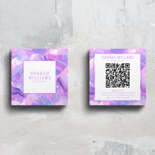 Carte De Visite Carré Marbre violet rose Agate QR Code Girly tendance