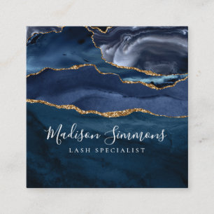 Carte De Visite Carré Marine Blue Gold Agate Géode Monogramme Élégant Sc