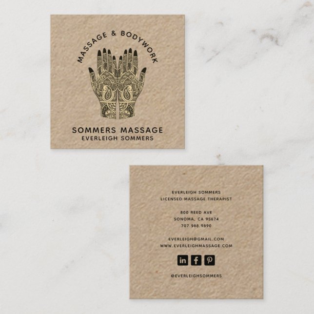 Carte De Visite Carré Massage Therapist Body Work Mehndi Henna Kraft Squ (Devant / Derrière)