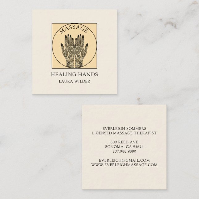Carte De Visite Carré Massage Therapist Body Work Mehndi Henna Square  (Devant / Derrière)