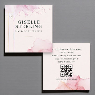 Carte De Visite Carré Massothérapeute Aquarelle rose pâle Code QR