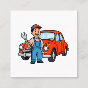 Carte De Visite Carré Mécanicien de dessin animé mignon avec illustratio
