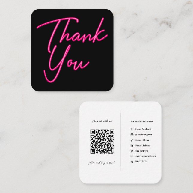 Carte De Visite Carré Médias sociaux QR Code affaires Neon rose Merci (Devant / Derrière)