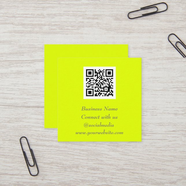 Carte De Visite Carré Médias sociaux QR Code scanner Fluorescent Jaune (Devant/Arrière en situation)