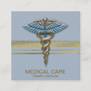 Carte De Visite Carré Médicale Faux Gold Foil Stripes Caduceus Bleu clai