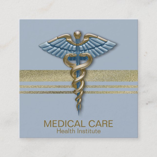 Carte De Visite Carré Médicale Faux Gold Foil Stripes Caduceus Bleu clai (Devant)