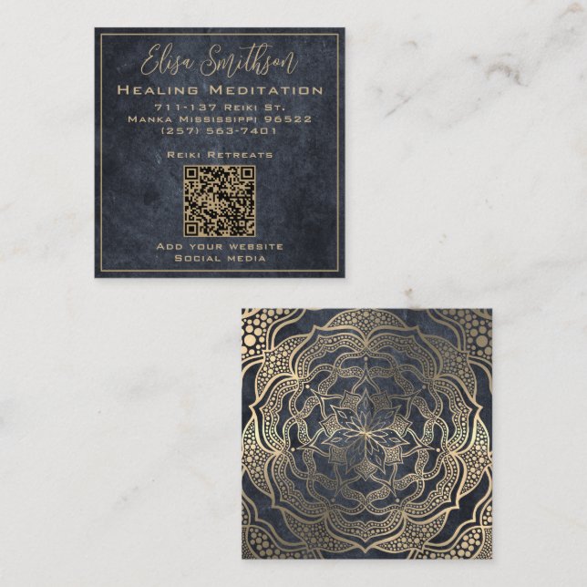 Carte De Visite Carré Méditation Chic Gold & Grey Mandala Reiki Healing (Devant / Derrière)