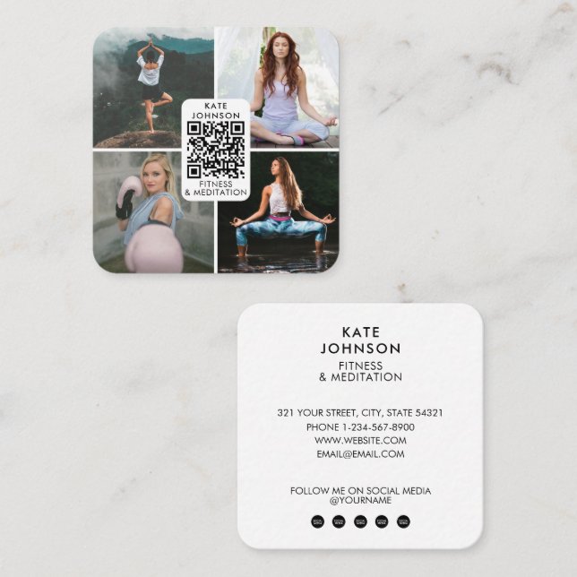 Carte De Visite Carré Méditation Fitness Yoga Custom 4 Photos QR Code (Devant / Derrière)