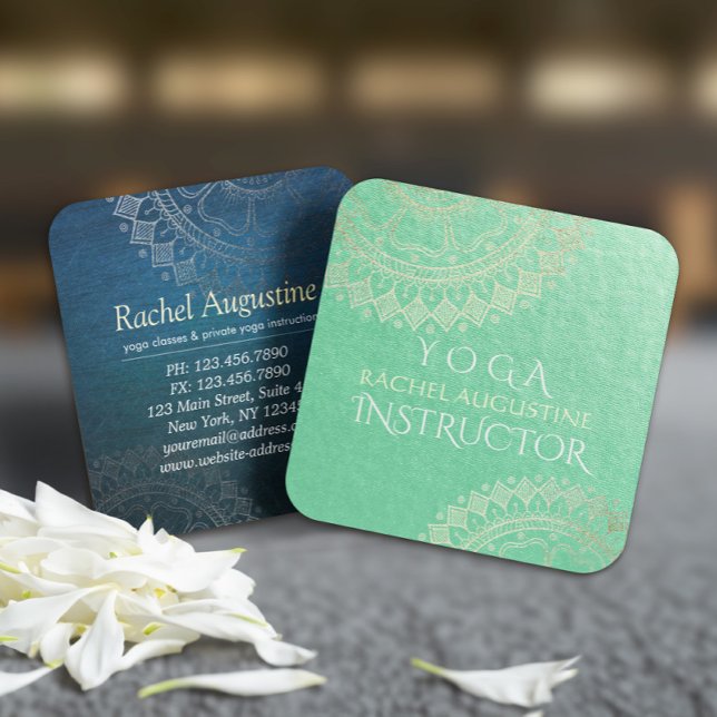 Carte De Visite Carré Méditation Yoga Instructeur Green Gold Foil Mandal (Créateur téléchargé)
