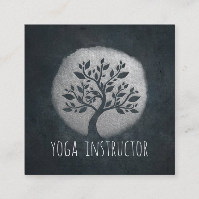 Carte De Visite Carré Méditation Yoga Instructeur Reiki Arbre Noir Argen (Devant)