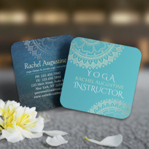 Carte De Visite Carré Méditation Yoga Instructeur Vert Bleu Or Mandala