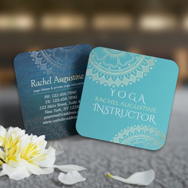 Carte De Visite Carré Méditation Yoga Instructeur Vert Bleu Or Mandala (Créateur téléchargé)