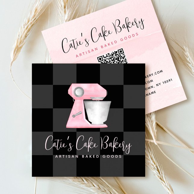 Carte De Visite Carré Mélangeur de boulangerie rose blush Code QR damier (Créateur téléchargé)