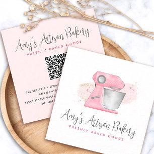 Carte De Visite Carré Mélangeur de boulangerie Rose Pâle QR Code Pâtissi