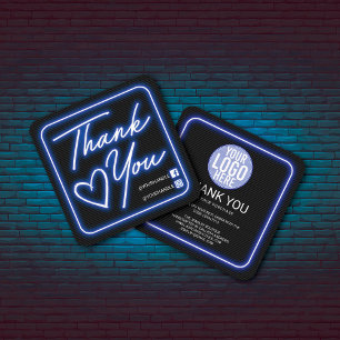 Carte De Visite Carré Merci client Retro Neon Bleu Signal lumineux