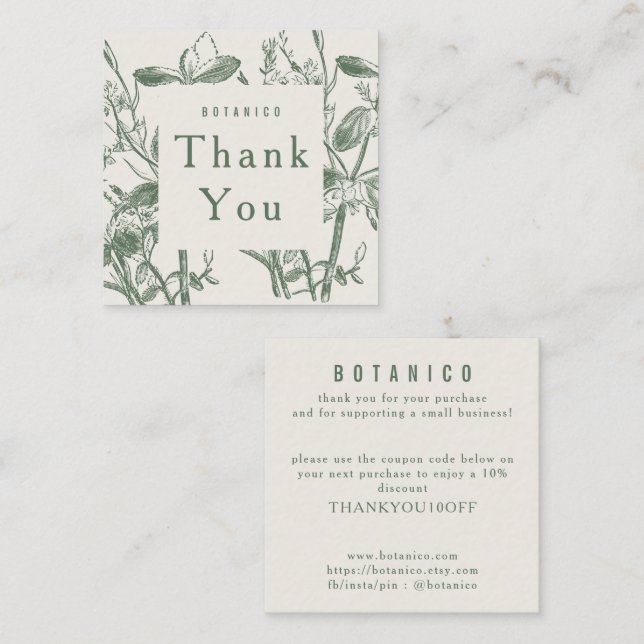 Carte De Visite Carré Merci floral de crème végétale moderne (Devant / Derrière)