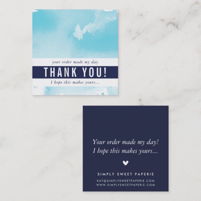 Carte De Visite Carré MERCI moderne simple aquarelle cool aqua bleu (Devant / Derrière)