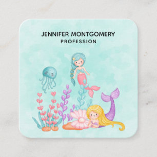 Carte De Visite Carré Mermaids et méduses sous l'aquarelle marine